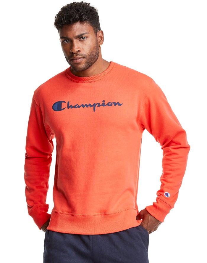 Champion Sweatshirt Heren - Oranje - Powerblend Fleece Crew Script Logo ( 781605-WFC )